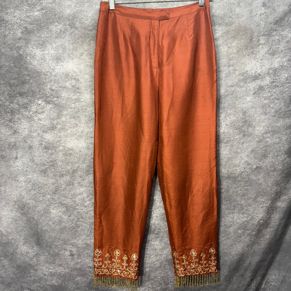 Vintage Tracy M. 100% Silk Ankle Pants Size 8 Beaded Fringe Embroidered Brown